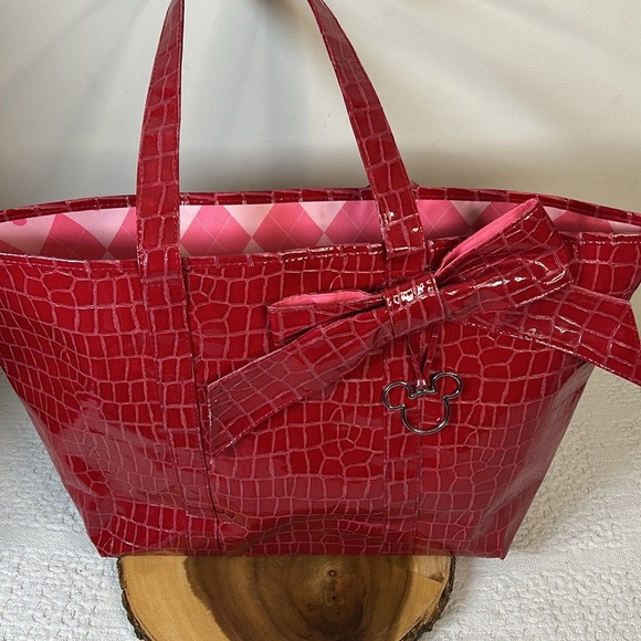 Disney Parks Red Croc Embossed Tote Mickey Gingham Lining, Disneyland Resort - Picture 2 of 7